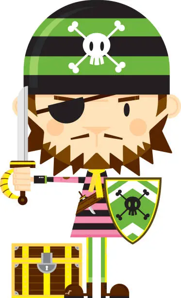 Vector illustration of Eye Patch Bandana Pirate with Treasure Chest