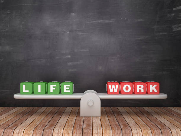 istock Seesaw Scale with LIFE WORK Cubes on Chalkboard Background - 3D Rendering 1131189205