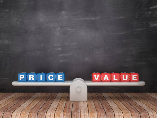 istock Seesaw Scale with PRICE VALUE Cubes on Chalkboard Background - 3D Rendering 1131189352