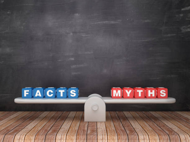 istock Seesaw Scale with FACTS MYTHS Cubes on Chalkboard Background - 3D Rendering 1131190148
