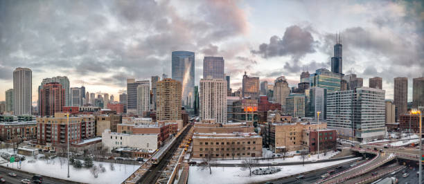 Chicago winter cityscape. West Loop neighborhood. Main streets in Illinois, streets in Chicago. stock photo