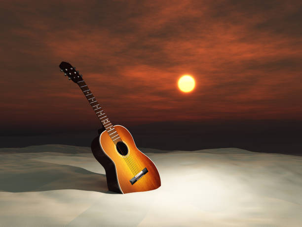 3d illustration of a guitar in the sand at sunset