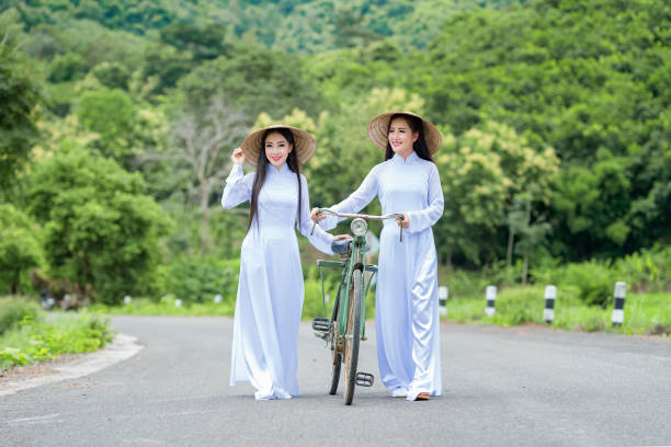 Portrait of VIetnam girl with Ao Dai Portrait of VIetnam girl with Ao Dai at cornfield, Vietnam traditional dress,Ao dai is famous traditional costume for woman in VIetnam. dark pink dress stock pictures, royalty-free photos & images