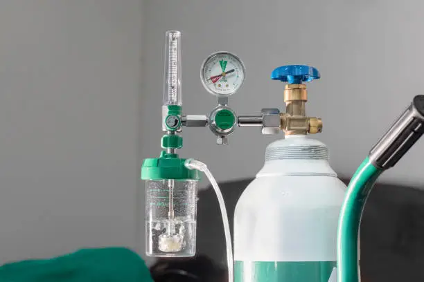 Photo of Close-up of medical oxygen flow meter  shows low oxygen or an nearly empty tank