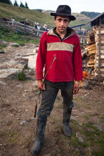 Young shepherd in the Ukrainian Carpathians Chornohora, Carpathian Mountains, Ukraine - September 15, 2015: Young shepherd holding a whip on the dairy farm in the Ukrainian Carpathians. sheep shed stock pictures, royalty-free photos & images
