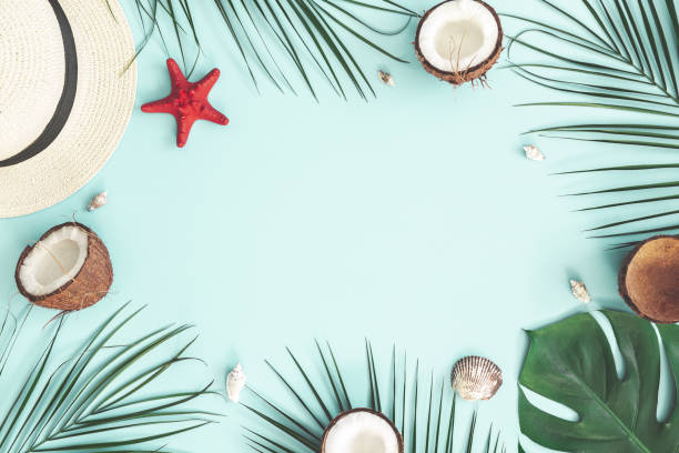 istock Summer composition. Tropical palm leaves, hat, coconut on pastel blue background. Summer concept. Flat lay, top view, copy space 1131197086