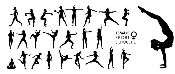 여성 여성 스포츠, 댄스, 싸움 실루엣 벡터 25 세트 - woman dancing stock illustrations