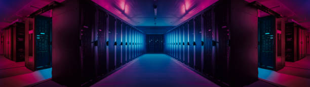 wide-angle panorama shot of a working data center with rows of rack servers. red emergency led lights blinking and computers are working. dark ambient light. - network server computer network rack computer part imagens e fotografias de stock