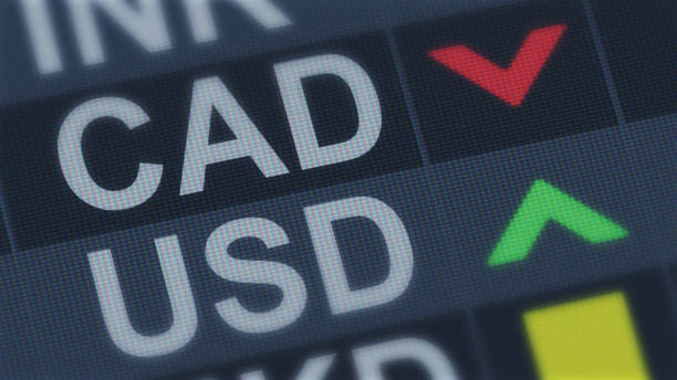 istock Canadian currency falling, American dollar rising, exchange rate fluctuations 1131200436
