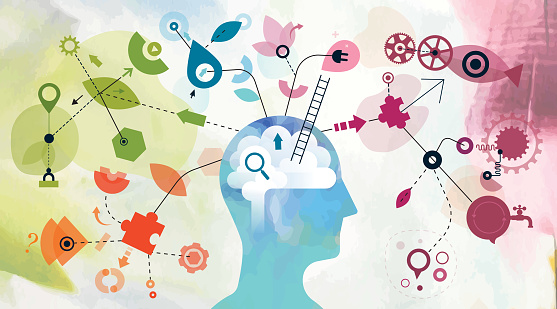 Illustration montage made from two different vectorised acrylic paintings and vector elements showing one person mind mapping.
