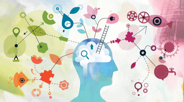 Mind Map Illustration montage made from two different vectorised acrylic paintings and vector elements showing one person mind mapping. memories stock illustrations