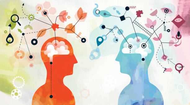 Mind Mapping Concept Illustration montage made from two different vectorised acrylic paintings and vector elements showing two persons mind mapping. puzzle silhouettes stock illustrations