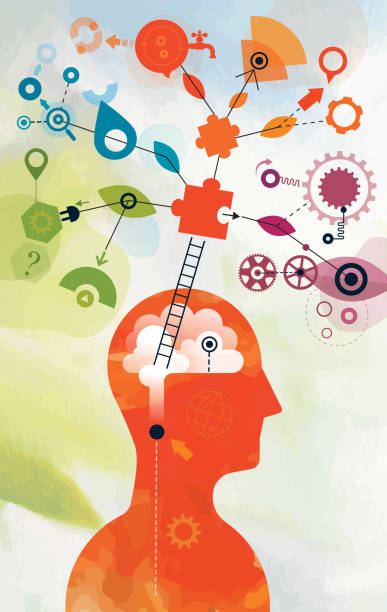 Mind Mapping Illustration montage made from two different vectorised acrylic paintings and vector elements showing one person mind mapping. question mark people one person silhouette stock illustrations