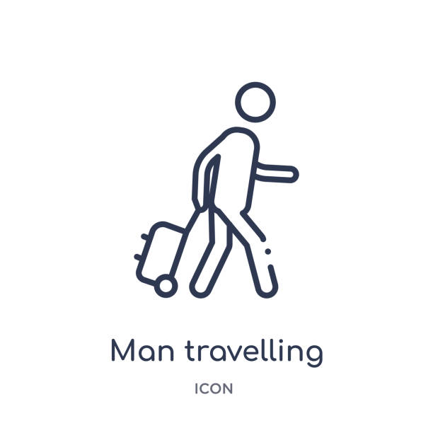 illustrations, cliparts, dessins animés et icônes de icône de déplacement linéaire d'homme de la collection de contour de comportement. vecteur de déplacement d'homme de ligne mince isolé sur le fond blanc. homme voyage illustration à la mode - passager