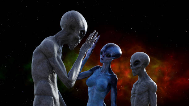 Illustration of a gray alien touching hands with a blue extraterrestrial in space while a third watches.