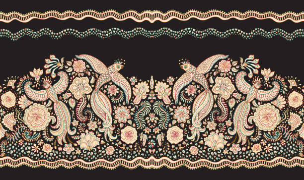 Vector seamless border in ethnic style.Exotic flying birds, colorful contour thin line with folk ornaments on a black background. Embroidery beige silhouette, wallpaper, textile print, wrapping paper Vector seamless border in ethnic style.Exotic flying birds, colorful contour thin line with folk ornaments on a black background. Embroidery beige silhouette, wallpaper, textile print, wrapping paper chinese tapestry stock illustrations