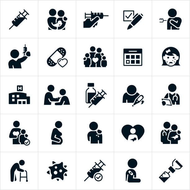 Immunization Icons A set of immunization icons. The icons include immunizations, vaccinations, syringes, shot needles, babies, children, adults, elderly, flu shot, doctor, nurse, some one getting a shot, a family, bandage, calendar, measles, shingles, diseases, chicken pox, influenza, hospital, someone with the flue, pregnant woman, virus and other related icons. measles illustrations stock illustrations