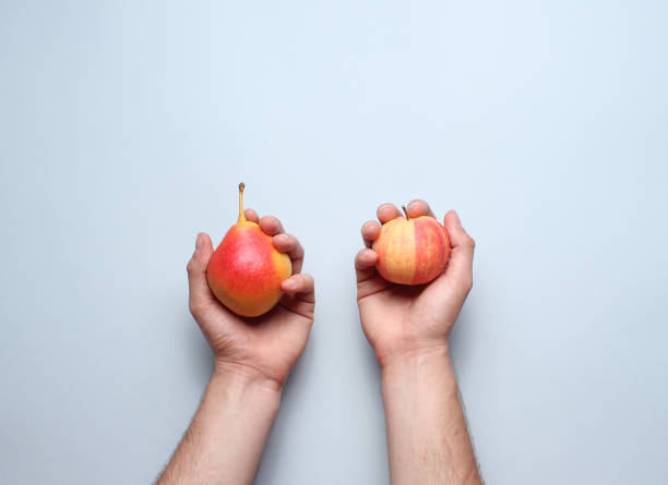 Hands holding ripe autumn pears on a gray background. Top view. Minimalism