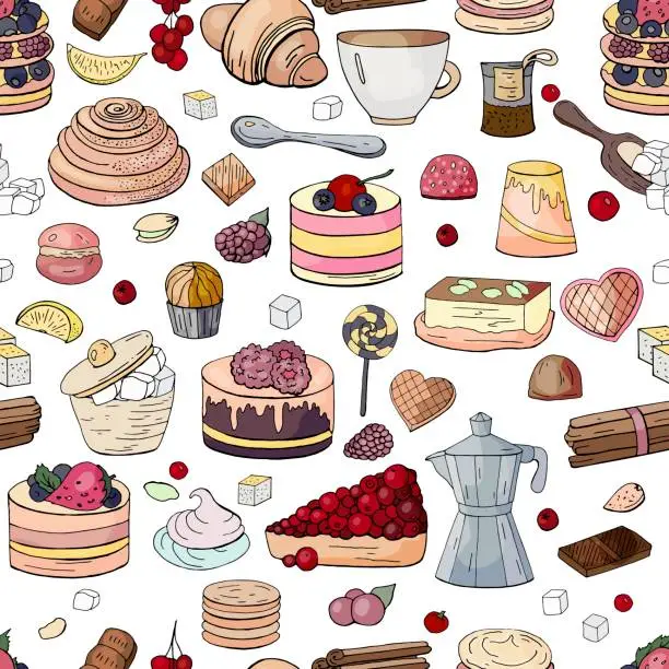 Vector illustration of Seamless pattern with tea and sweets isolated on white background. Vector doddle elements.