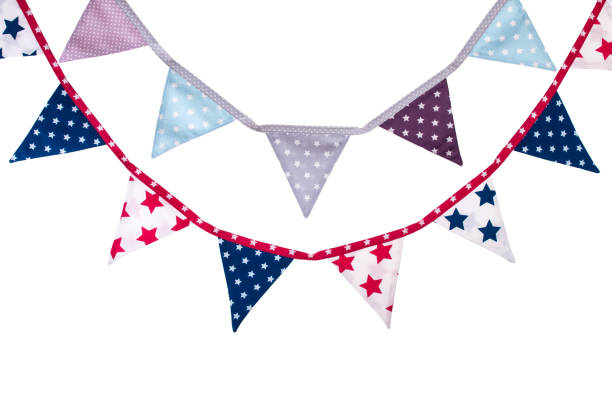 istock Party triangle bunting flags hanging on the rope. Isolated on white  background. 1131209313