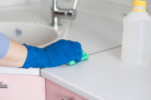 istock woman cleans kitchen sink with cleaning products 1131209369
