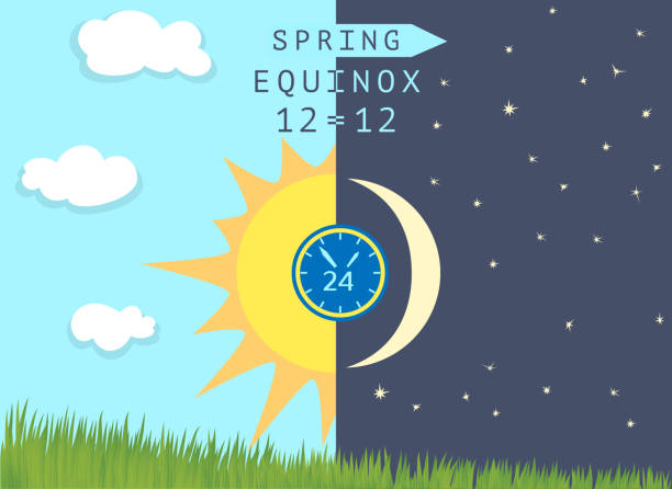 Half Sun and half Moon over growing wheat germs. Time of spring equinox occurs around 20 March. Day becomes longer than night in the northern hemisphere. Half Sun and half Moon over growing wheat germs. first day of spring stock illustrations