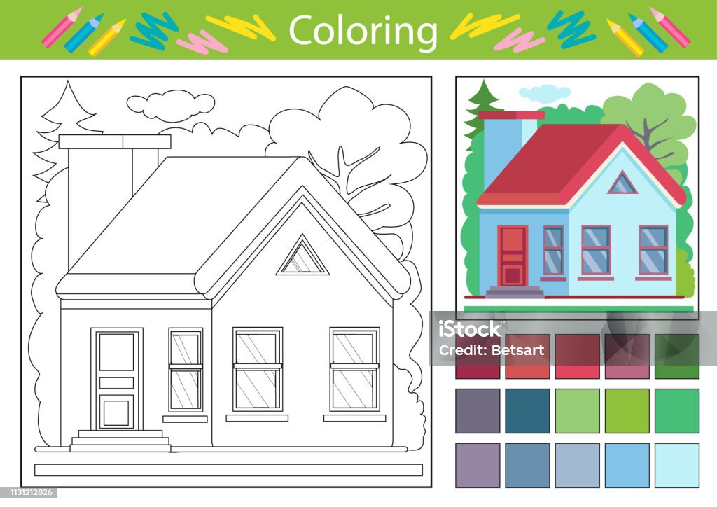 Coloring worksheets with cartoon house. Vector illustration. Children funny picture riddle. Coloring tutorial page for kids. Drawing lesson. Activity art game for book. Children coloring House Activity stock vector