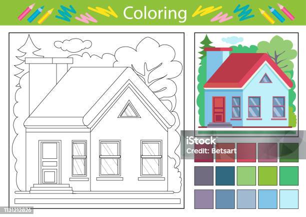 Coloring Worksheets With Cartoon House Vector Illustration Children Funny Picture Riddle Coloring Tutorial Page For Kids Drawing Lesson Activity Art Game For Book Stock Illustration - Download Image Now