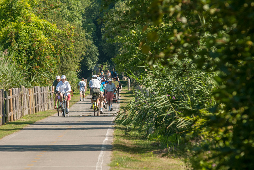 Warren, Rhode Island, USA - August 4, 2007: Cluster of cyclists and walkers enjoying the shimmering summertime heat along the East Bay Bike Path