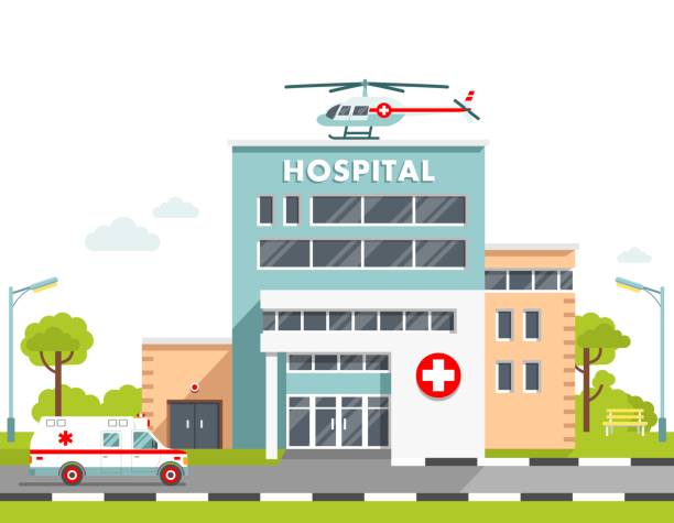 Medical concept with hospital building in flat style. City background with hospital building, ambulance car and helicopter isolated on white hospital emergency stock illustrations