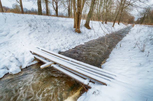 Wooden bridge over the stream.Around lies white snow.