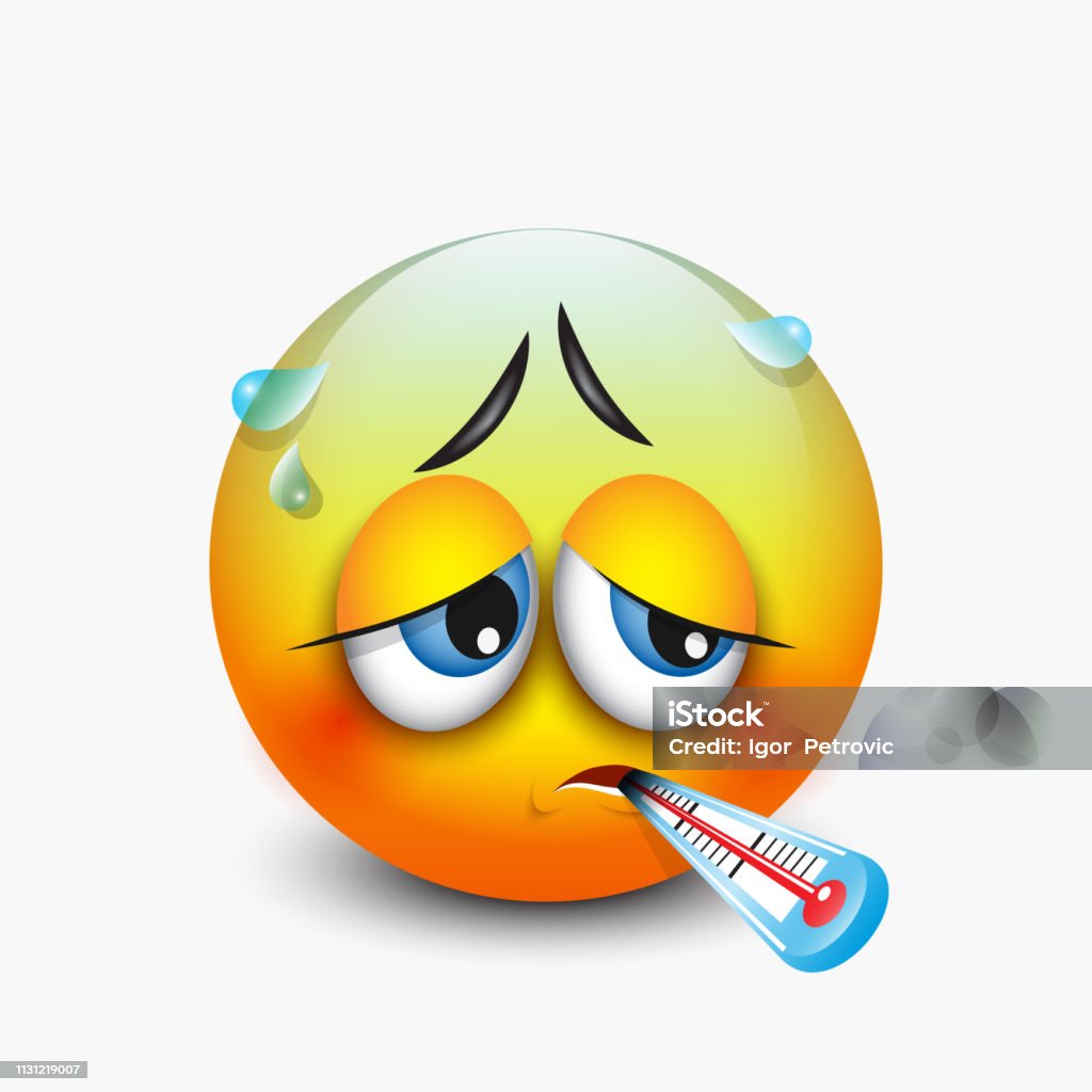 Cute Sick Emoticon With Thermometer Emoji Vector Illustration ...