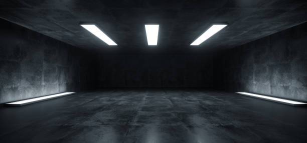 istock Sci Fi Futuristic Studio Stage Underground White Lights Glowing In Dark Grunge Reflective Concrete Empty Garage Room Corridor Tunnel 3D Rendering 1131219163