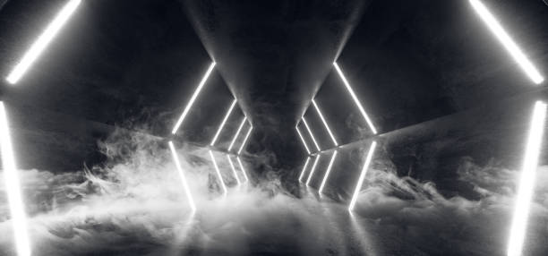 istock Smoke Neon Glowing Retro Futuristic Sci Fi Dance Fluorescent Luxurious Luminous  Lines White Lights In Empty Dark Stage Alien Corridor Tunnel Grunge Concrete 3D Rendering 1131219257