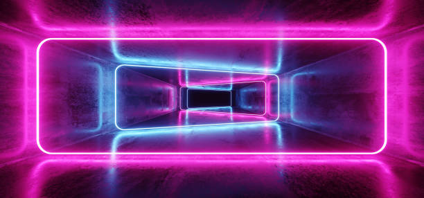 istock Neon Glowing Fluorescent Ultraviolet Luxurious Luminous Rectangle Shaped Frame Lights Purple Pink Blue In Dark Grunge Empty Concrete Reflective Corridor 3D Rendering 1131219315