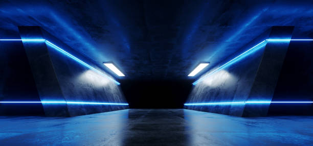 istock Neon Glowing Retro Futuristic Sci Fi Dance Fluorescent Luxurious Luminous  Lines Blue Lights In Empty Dark Stage Alien Corridor Tunnel Grunge Concrete 3D Rendering 1131219341