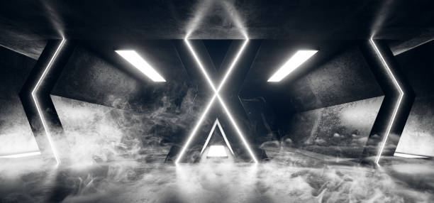 istock Smoke Sci Fi Neon Alien Futuristic Reflective Grunge Concrete Empty Hall Corridor  Fluorescent Luxurious Luminous  Glowing White Lights Arrows 3D Rendering 1131219453