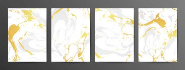 illustrazioni stock, clip art, cartoni animati e icone di tendenza di set di carte creative in marmo grigio e oro. texture disegnate a mano vettoriale realizzate con inchiostro liquido. - marble gold macro stone