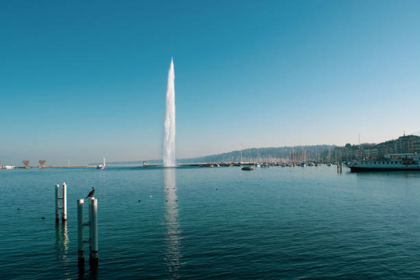 Jet d'Eau fountain at sunset, Geneva  Switzerland