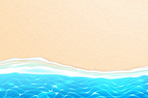 Seaside beach with azure waves on sand coast. Seashore summer holiday background for travelling and vacation design. Coastal landscape for resort tourism, sea party backdrop. Realistic vector seascape