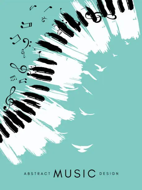 Vector illustration of Piano concert poster. Music conceptual illustration. Abstract style blue background with hand drawn piano keyboard, notes and birds