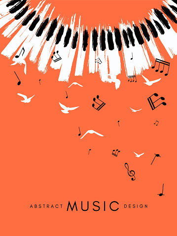 Piano concert poster. Music conceptual illustration. Abstract style coral background with hand drawn piano keyboard and flying notes and birds.