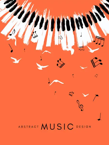 Vector illustration of Piano concert poster. Music conceptual illustration. Abstract style coral background with hand drawn piano keyboard and flying notes and birds.