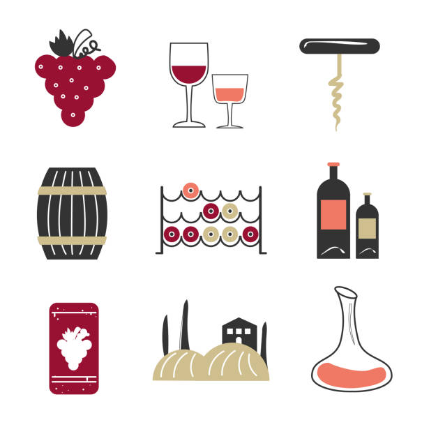 ilustrações de stock, clip art, desenhos animados e ícones de illustration colors oenology set icons - wine winetasting cellar bottle