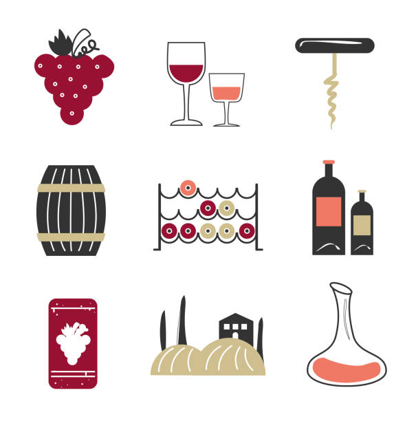 иллюстрация цвета oenology набор иконок - wine wine bottle cellar grape stock illustrations