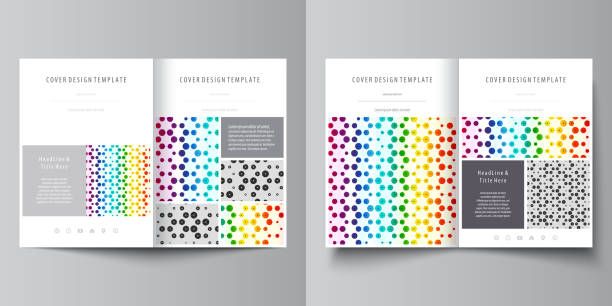 ilustrações de stock, clip art, desenhos animados e ícones de business templates for bi fold brochure, flyer, report. cover template, abstract vector layout in a4 size. chemistry pattern, hexagonal design molecule structure. geometric colorful background. - 13584