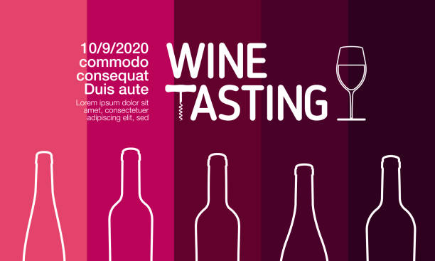 illustrazioni stock, clip art, cartoni animati e icone di tendenza di idea progettuale per feste, degustazioni o wine challenge. colori del vino di sfondo a strisce colorate. silhouette di bottiglie di vino. - hue