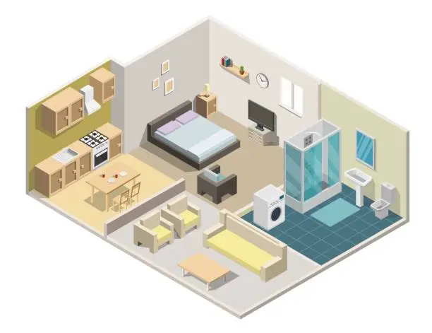 Vector illustration of Isometric interior apartment vector illustration modern set of bathroom, kitchen, living room, bedroom.