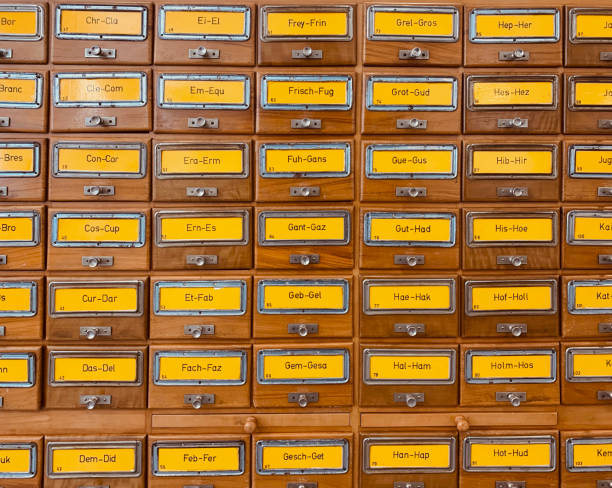 istock Vintage keyword card index boxes 1131232587