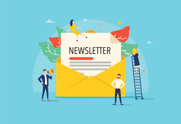 Email subscribe vector illustration concept, email marketing system, people use smartphone and subscribe and newsletter Email subscribe vector illustration concept, email marketing system, people use smartphone and subscribe and received newsletter, can use for, landing page, template, ui, web, mobile app, banner newsletter stock illustrations